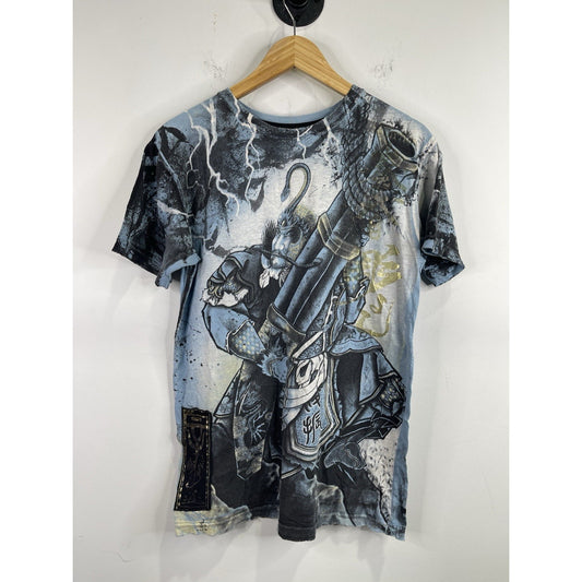 Men’s Vintage Y2K Affliction Blue Samari Doubled Sided Graphic T Shirt Sz M