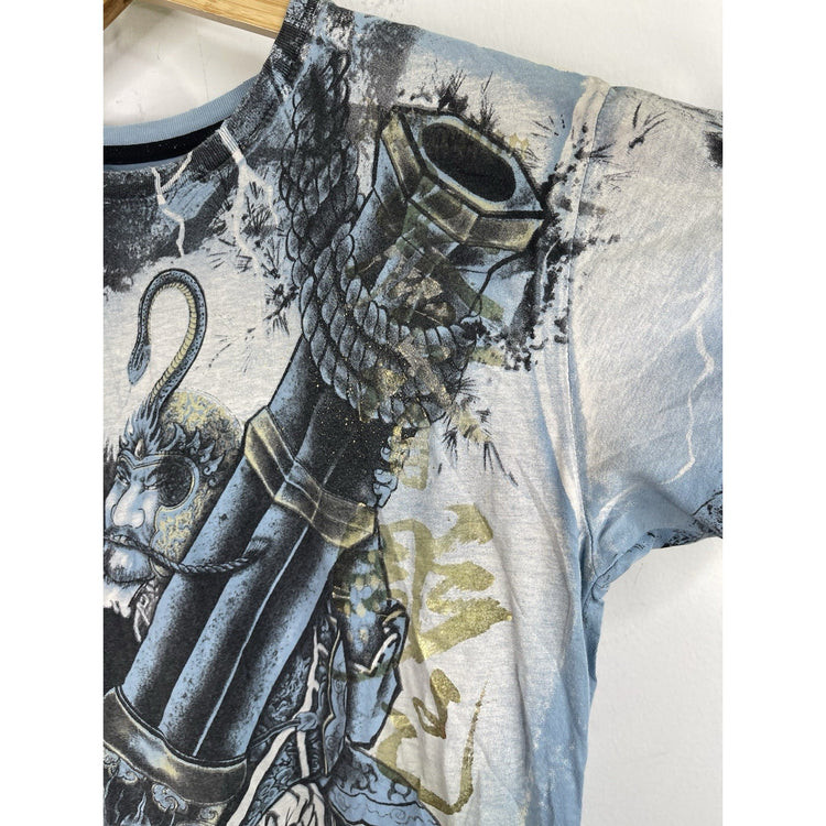 Men’s Vintage Y2K Affliction Blue Samari Doubled Sided Graphic T Shirt Sz M