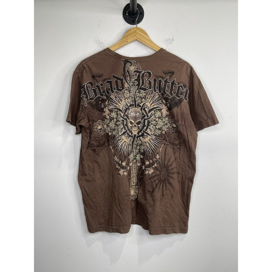 Men’s Vintage Y2K Brad Butter Brown Skeleton Crosses Rhinestone Sz Large