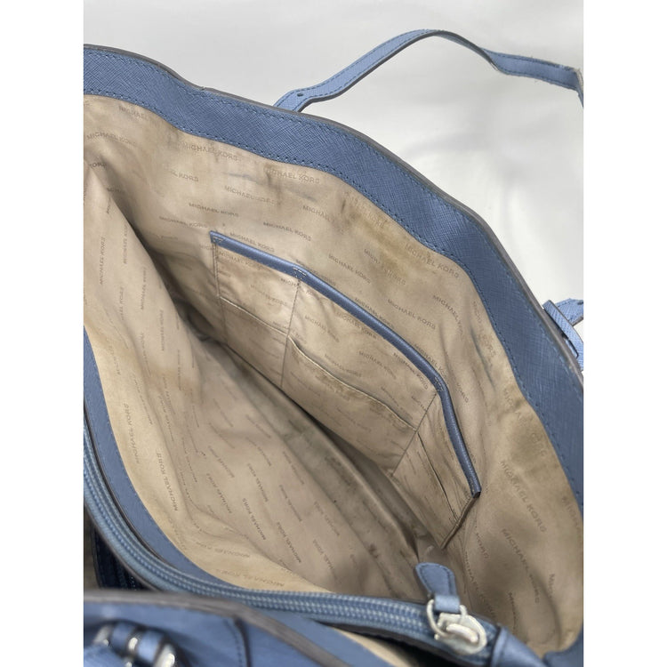 Michael Kors Blue Charlotte Saffiano Leather Top-Zip Tote Bag With MK Packaging
