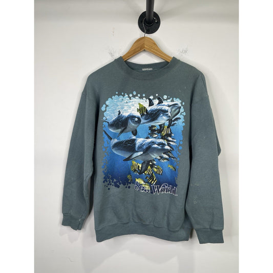 Men’s VTG Green Seaworld Graphic Dolphin Print Pullover Sweatshirt Sz Large