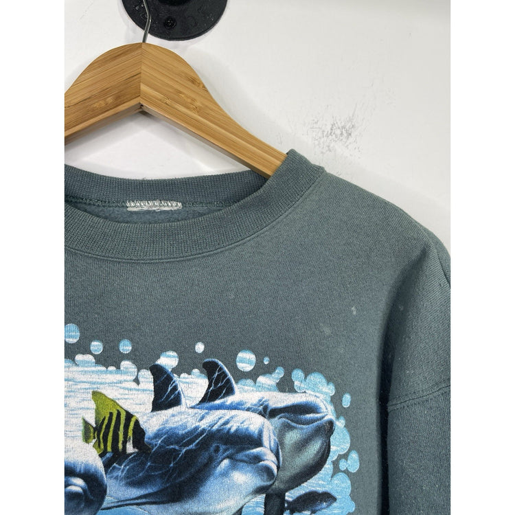 Men’s VTG Green Seaworld Graphic Dolphin Print Pullover Sweatshirt Sz Large
