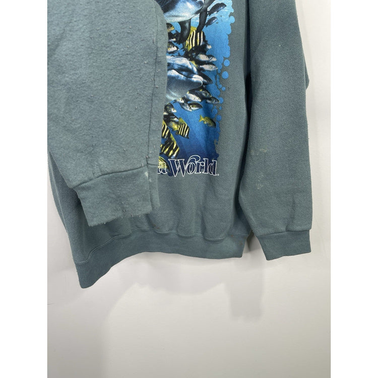 Men’s VTG Green Seaworld Graphic Dolphin Print Pullover Sweatshirt Sz Large