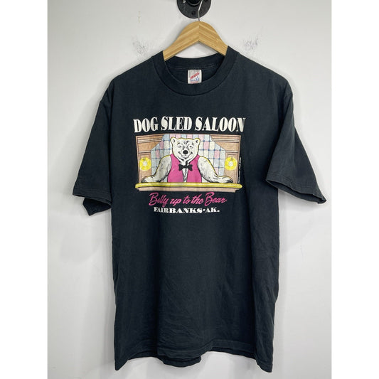Men’s VTG 90s Jerseys Tag Graphic Dog Sled Saloon T Shirt Black Sz L