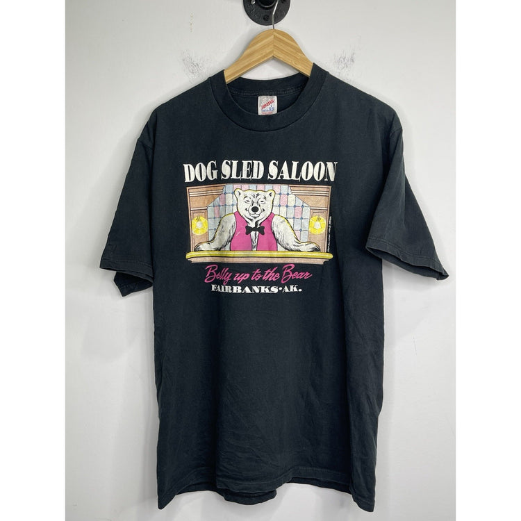 Men’s VTG 90s Jerseys Tag Graphic Dog Sled Saloon T Shirt Black Sz L