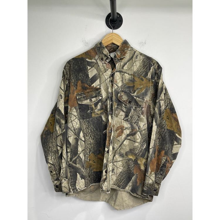 Men’s VTG Ranger Real-tree Camo Button Up Hunting Shirt Press Stud Pockets Sz L