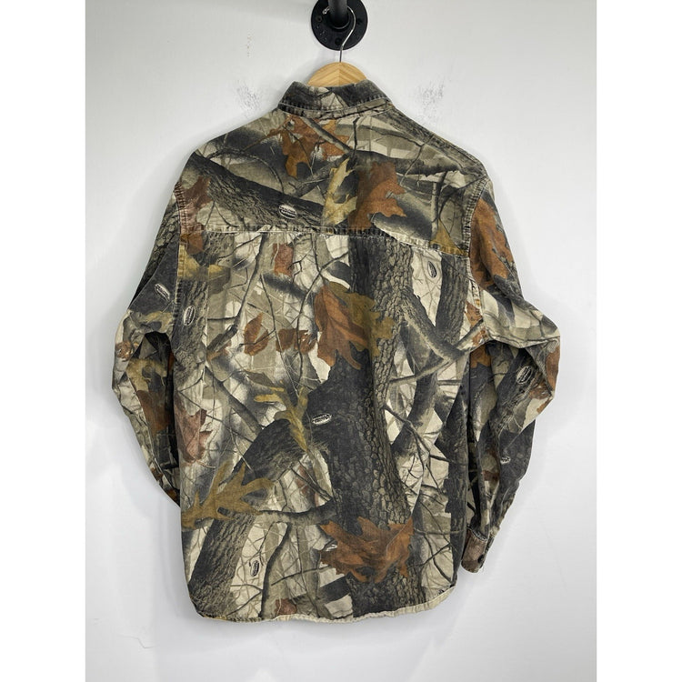 Men’s VTG Ranger Real-tree Camo Button Up Hunting Shirt Press Stud Pockets Sz L