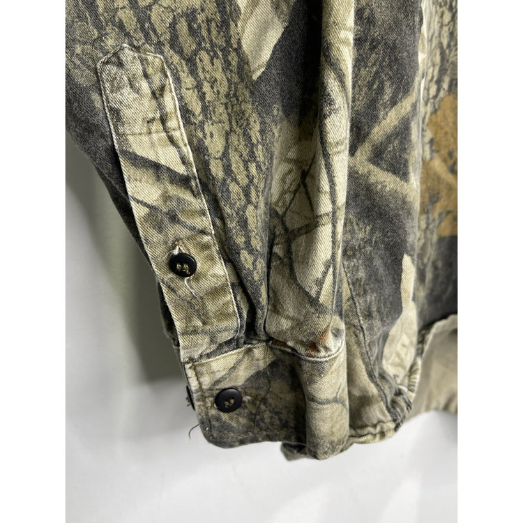 Men’s VTG Ranger Real-tree Camo Button Up Hunting Shirt Press Stud Pockets Sz L