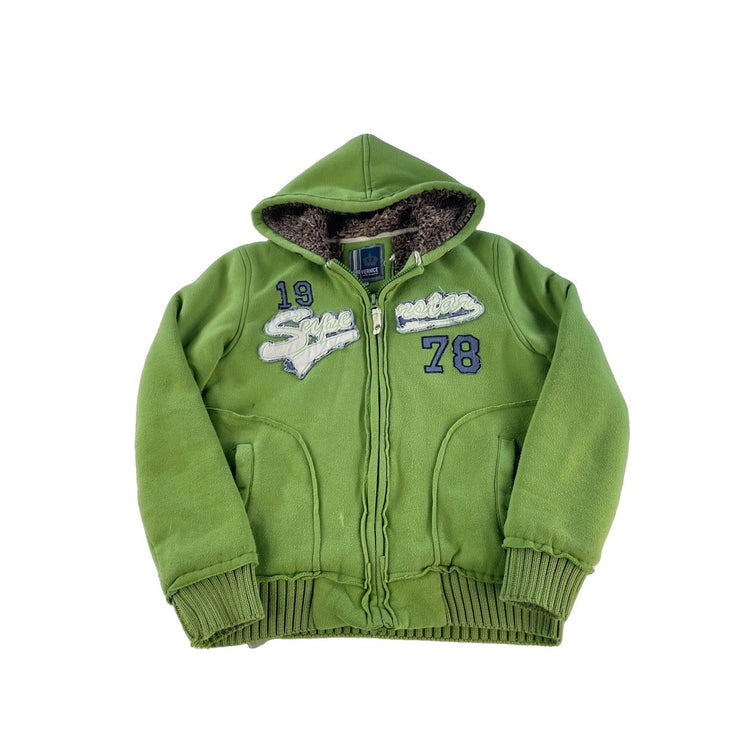 Mens Chevernice Green Sherpa Lined Raw Seam Applique Full Zip Hoodie SIZE S