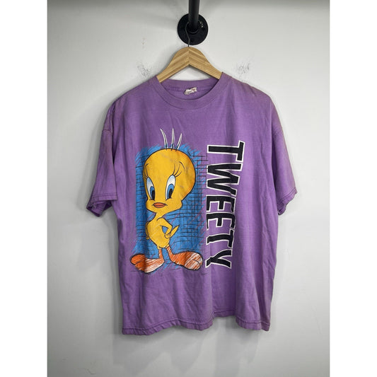 Vintage Y2K Purple Looney Tunes Tweety Bird Graphic Adult T-Shirt Size XL