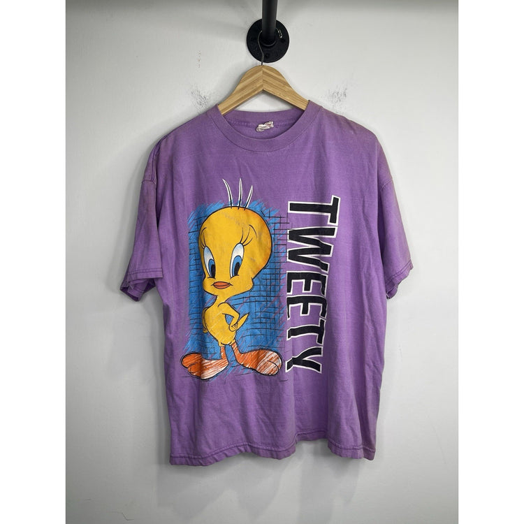 Vintage Y2K Purple Looney Tunes Tweety Bird Graphic Adult T-Shirt Size XL