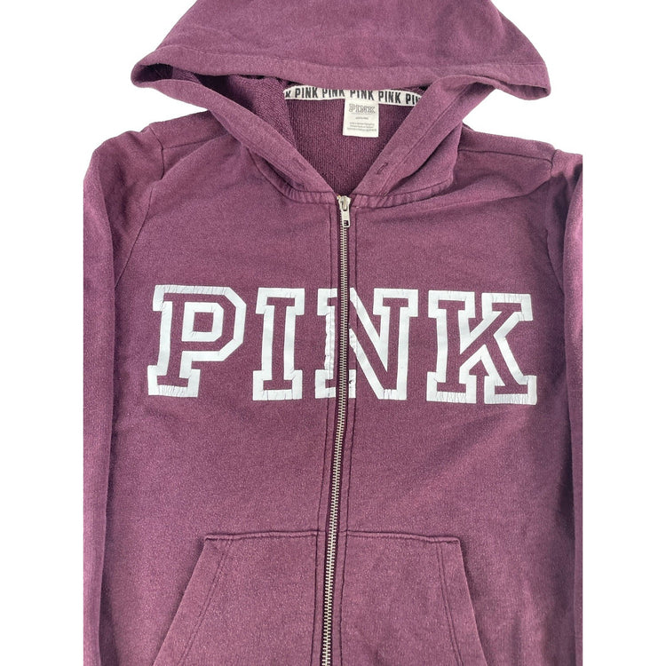 Womens Victoria's Secret PINK Maroon Full Zip Graphic Hoodie Sweatshirt Size M