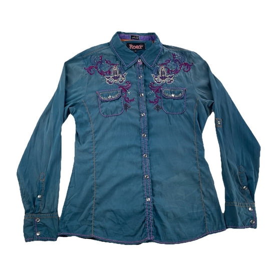 Womens ROAR Teal Colored Western Button-Up Shirt Size S w/Rhinestones&Embrodiory