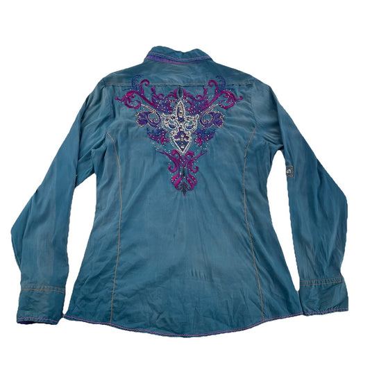 Womens ROAR Teal Colored Western Button-Up Shirt Size S w/Rhinestones&Embrodiory