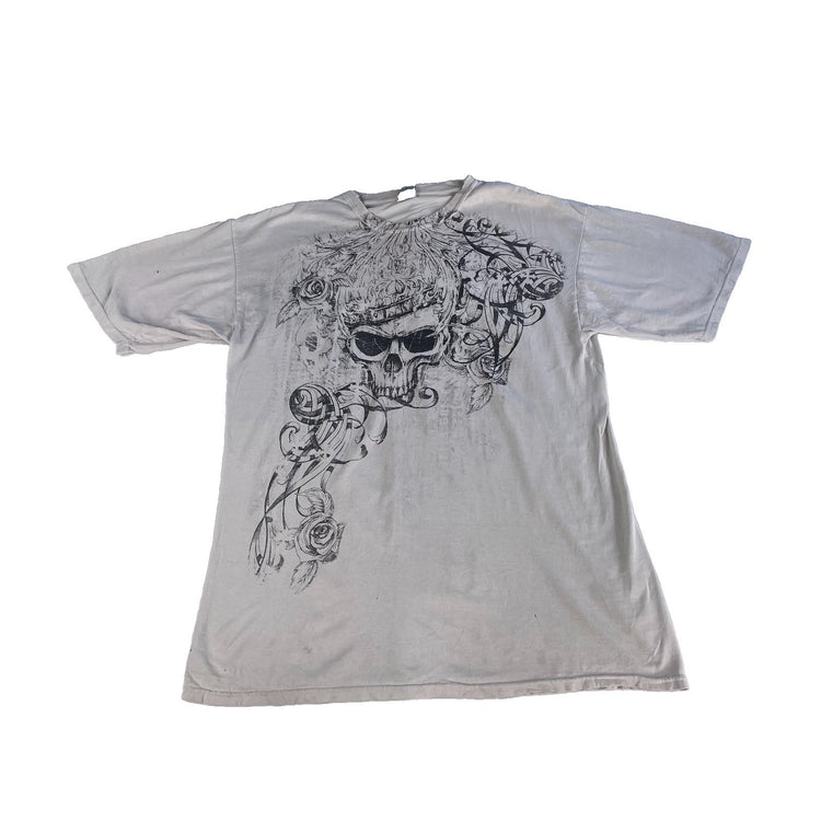 Mens Y2K Gildan Skull Roses Graphic T Shirt White Mall Goth Grunge Size XL