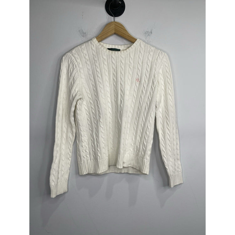 Ralph Lauren Womens White Cable Knit Preppy Crew Sweater Pink Embroidery Sz Smal