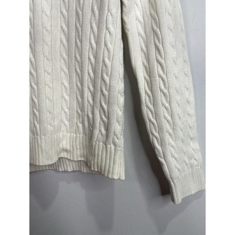 Ralph Lauren Womens White Cable Knit Preppy Crew Sweater Pink Embroidery Sz Smal