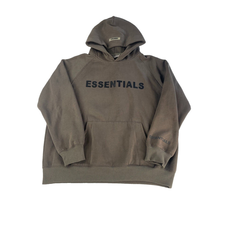 Mens Fear Of God Essentials 3D Silicon Logo Pullover Hoodie Taupe Brown Size L