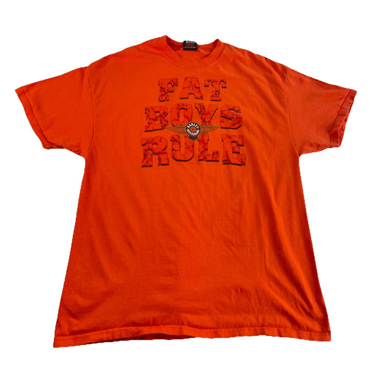 Mens 2001 Harley Davidson Orange ‘Fat Boys Rule’ Alabama T Shirt Size XL