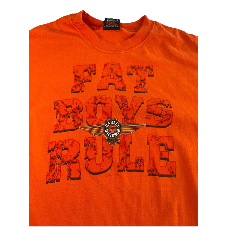 Mens 2001 Harley Davidson Orange ‘Fat Boys Rule’ Alabama T Shirt Size XL