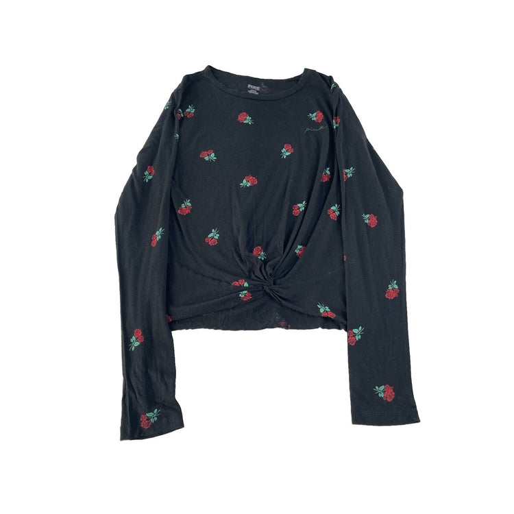 Women’s PINK Victorias Secret Black Longsleeve Rose Print T Shirt Size Medium