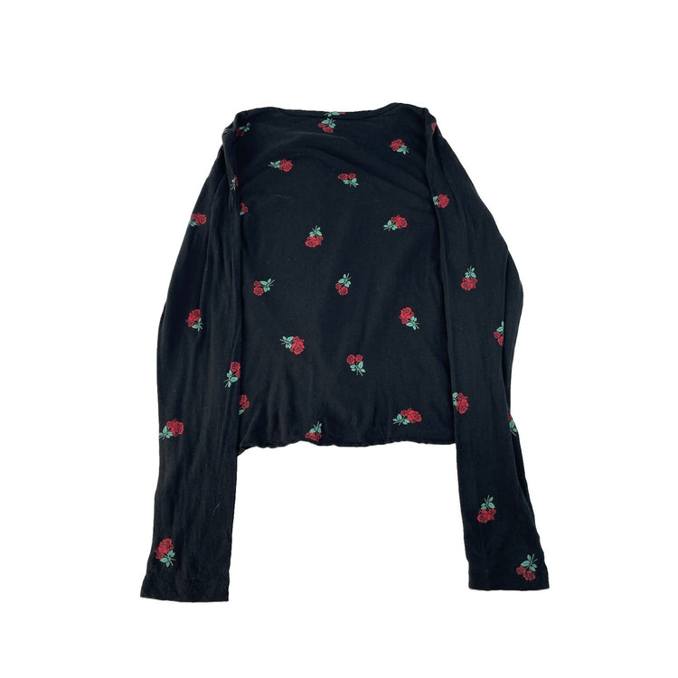 Women’s PINK Victorias Secret Black Longsleeve Rose Print T Shirt Size Medium