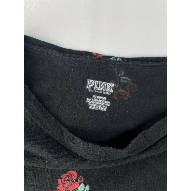 Women’s PINK Victorias Secret Black Longsleeve Rose Print T Shirt Size Medium