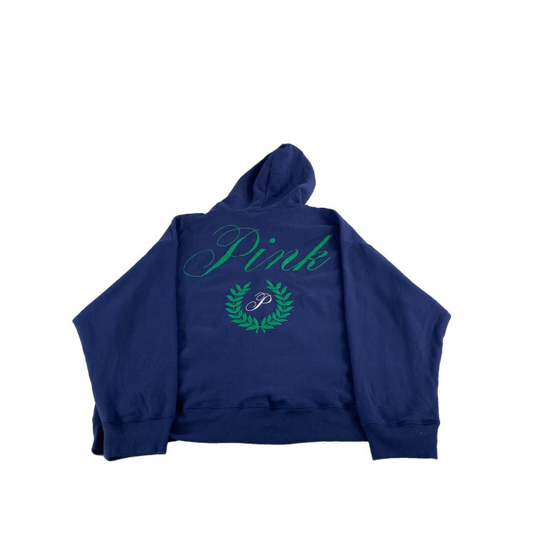 Womens Victoria Secret PINK Navy Blue Full Zip Hoodie Back Graphic Crest SizeXXL