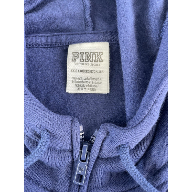 Womens Victoria Secret PINK Navy Blue Full Zip Hoodie Back Graphic Crest SizeXXL