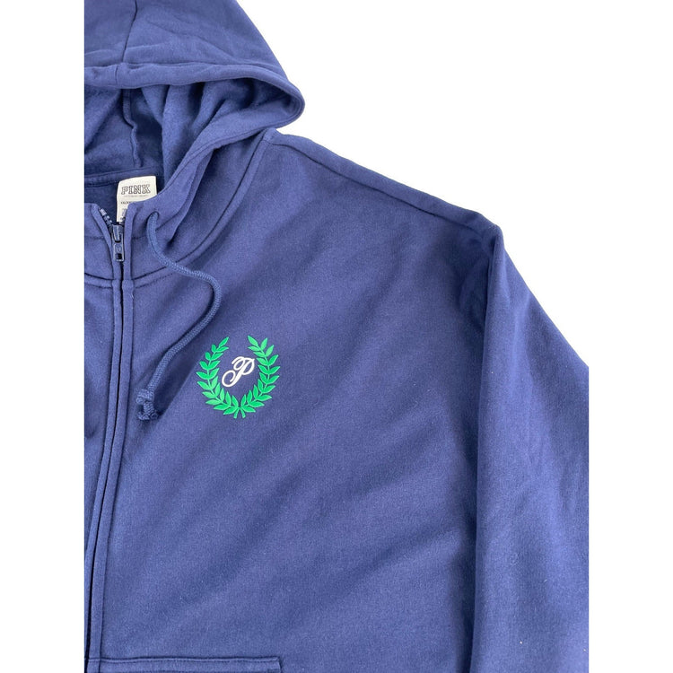 Womens Victoria Secret PINK Navy Blue Full Zip Hoodie Back Graphic Crest SizeXXL