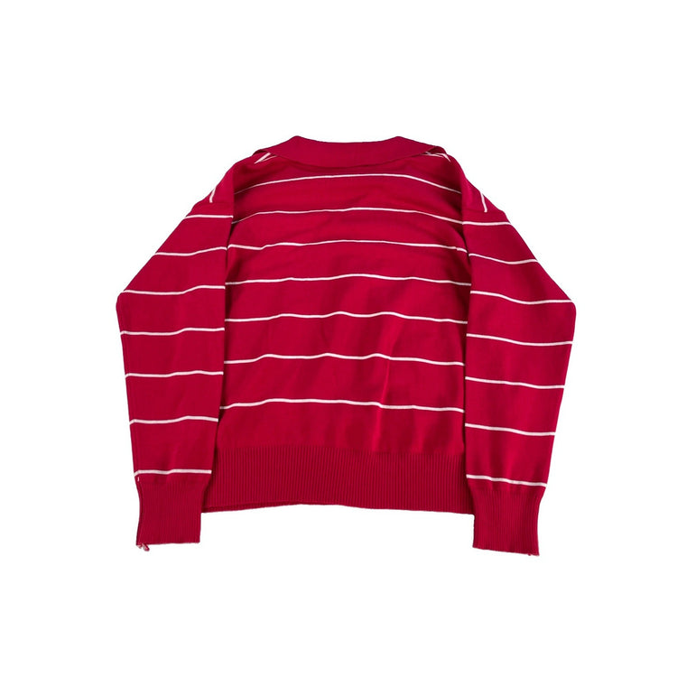 Womens Alo Yoga Red White Striped Knit Split V Neck Collar Polo Sweater Size S