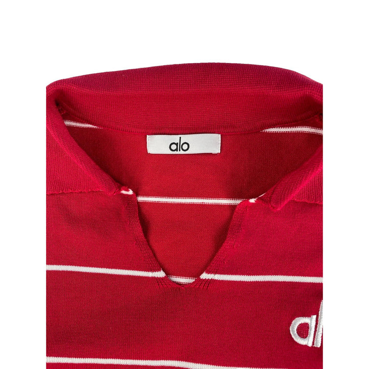 Womens Alo Yoga Red White Striped Knit Split V Neck Collar Polo Sweater Size S
