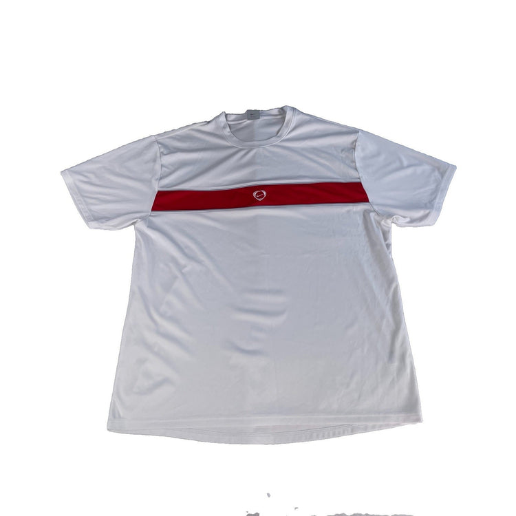 Mens Vintage Y2K Nike White Red Striped Shield Swoosh Athletic T Shirt Size XXL