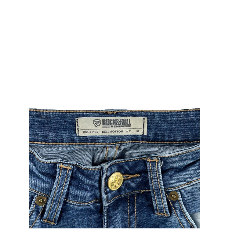 Womens Rock&Roll High Rise Bell Bottom Denim Blue Jeans Size W 26 L 32