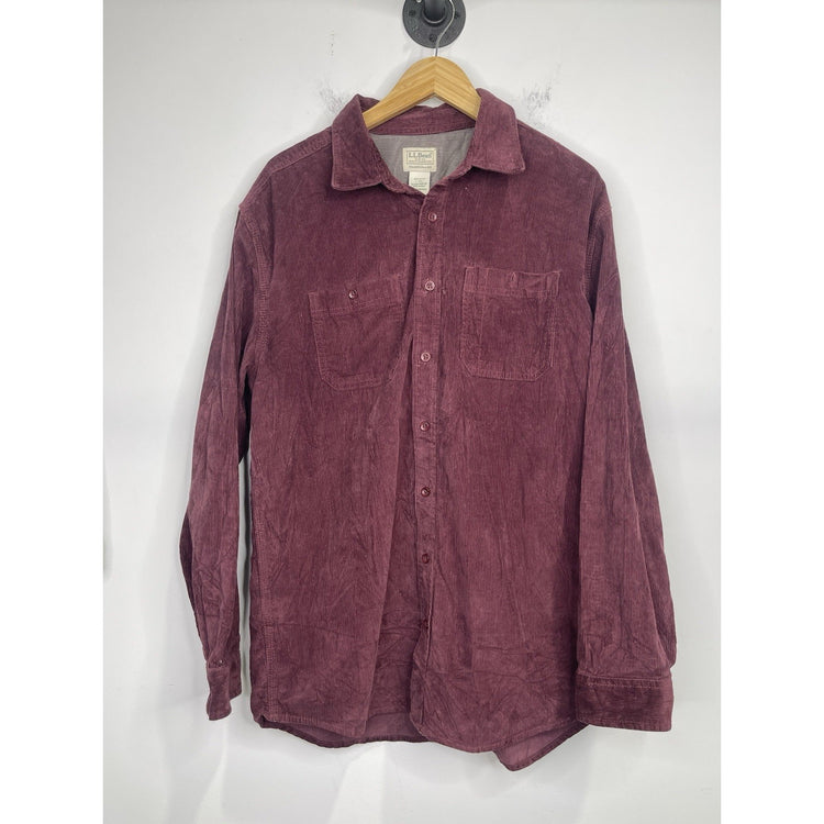 Men’s VTG LL BEAN Corduroy Button Down Shirt Maroon 100% Cotton Sz Large Tall