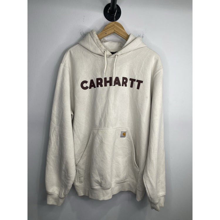 Adult Carhartt Sweatshirt Hoodie Pullover Spell Out Logo Relaxed Fit Fleece Sz L