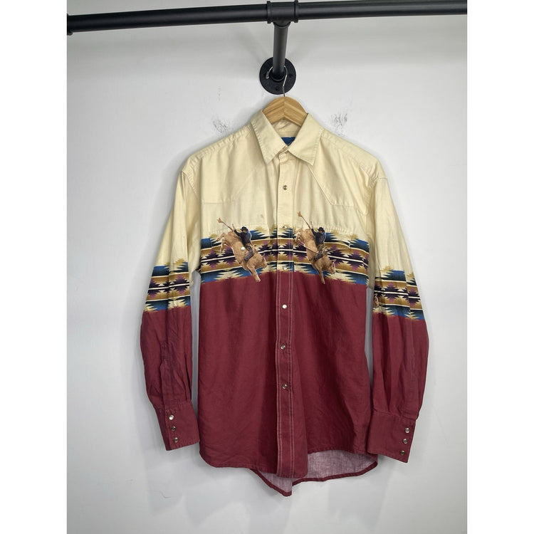 Men’s Vintage Wrangler Maroon Western Cowboy Pearl Snap Long Sleeve Shirt Sz L