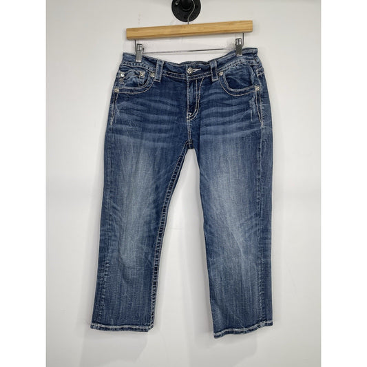 Women’s Y2K Blue Miss Me Jeans Cuffed Capri Rhinestone Pockets 32x24