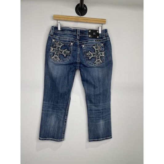 Women’s Y2K Blue Miss Me Jeans Cuffed Capri Rhinestone Pockets 32x24