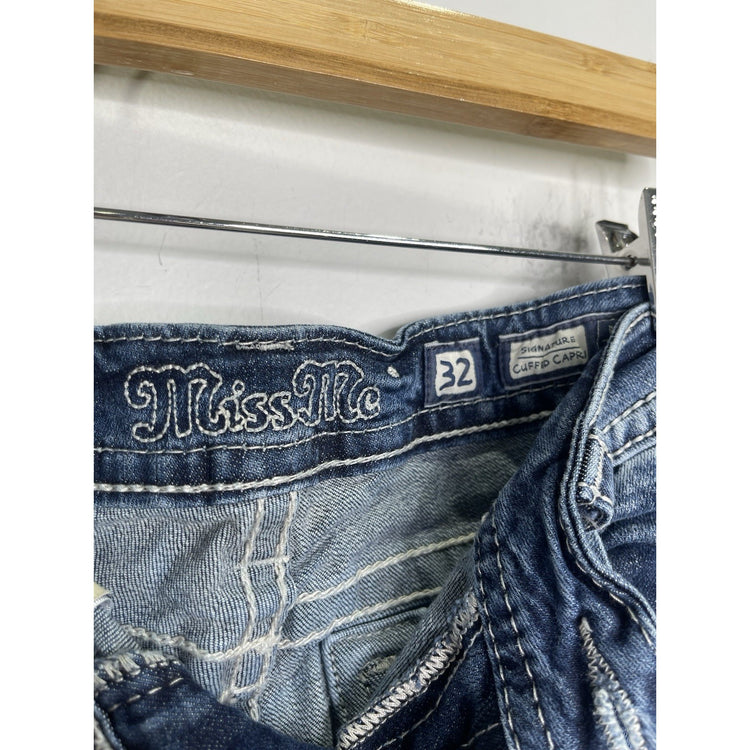 Women’s Y2K Blue Miss Me Jeans Cuffed Capri Rhinestone Pockets 32x24
