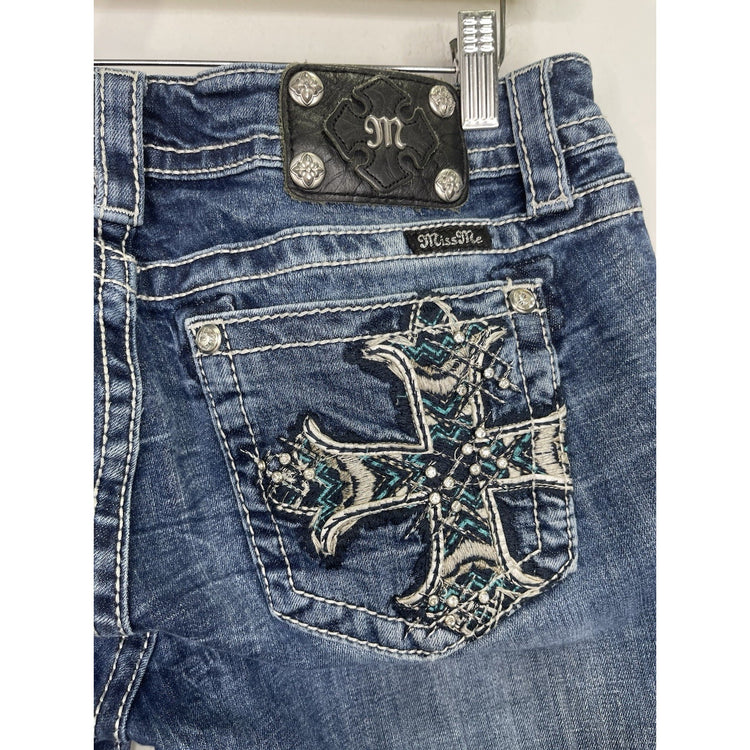 Women’s Y2K Blue Miss Me Jeans Cuffed Capri Rhinestone Pockets 32x24