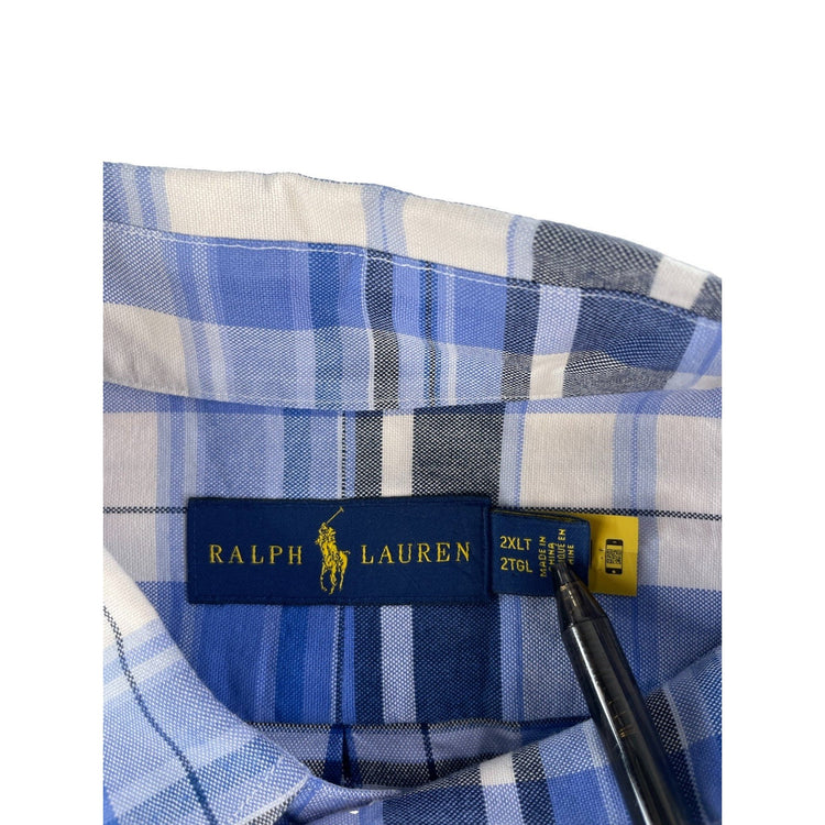Mens Polo Ralph Lauren Blue & White Plaid Button Down T Shirt Size 2XLT