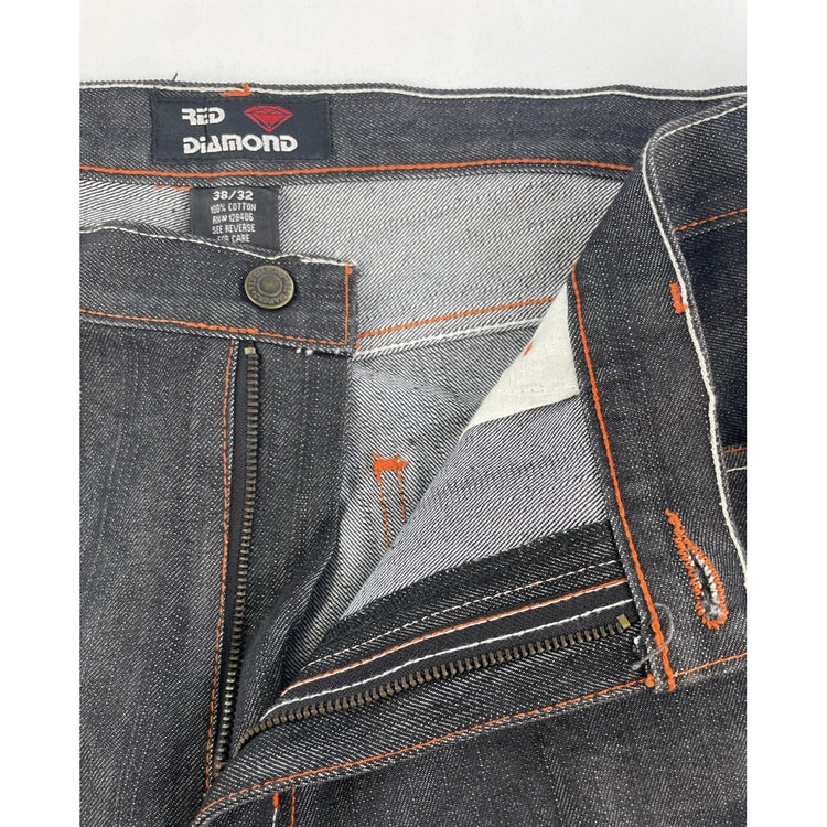 Mens Red Diamond Relaxed Straight Leg Street Wear Black Denim Jeans Size 38x32