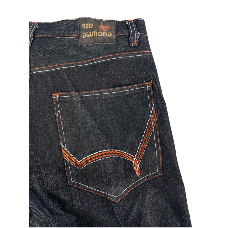 Mens Red Diamond Relaxed Straight Leg Street Wear Black Denim Jeans Size 38x32
