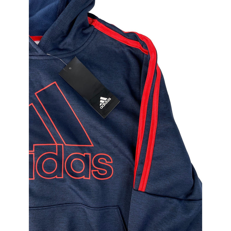 Boys Adidas NWT Heather Navy Red 3 Stripe Outline Logo Pullover Hoodie SIZE M