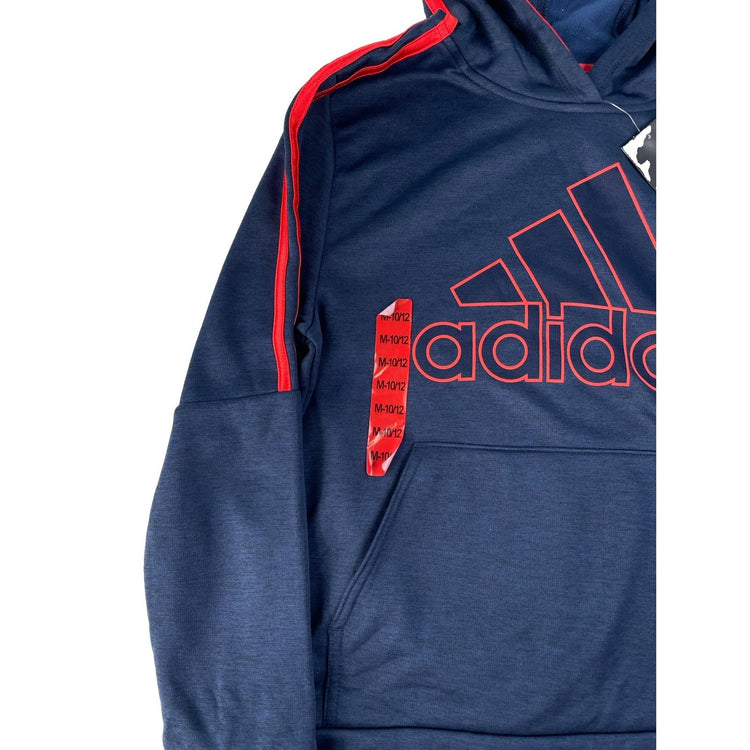 Boys Adidas NWT Heather Navy Red 3 Stripe Outline Logo Pullover Hoodie SIZE M