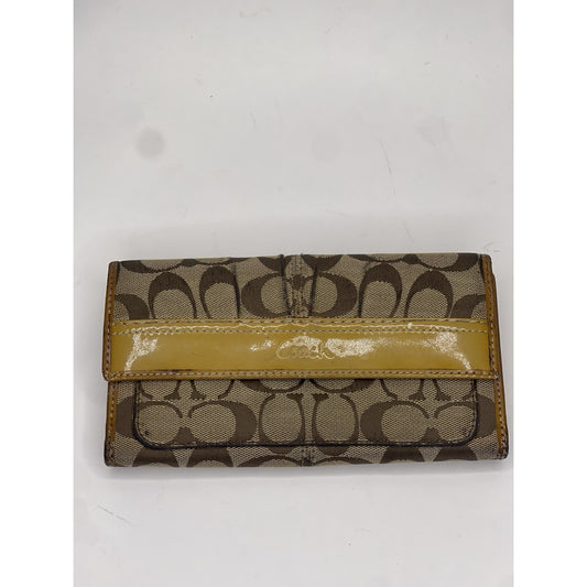 Coach Signature C logo women canvas leather long wallet Trifold Large Khaki