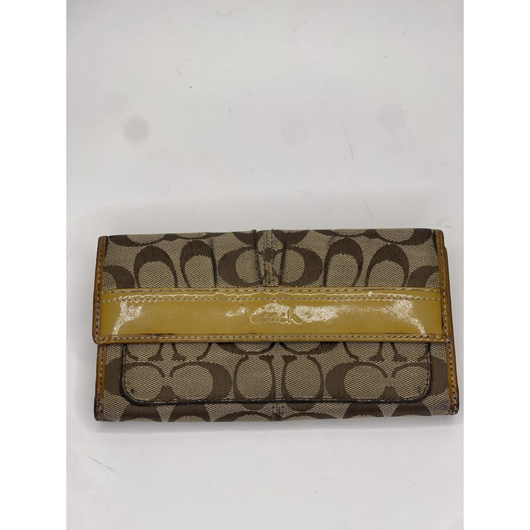 Coach Signature C logo women canvas leather long wallet Trifold Large Khaki