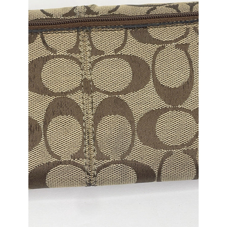 Coach Signature C logo women canvas leather long wallet Trifold Large Khaki