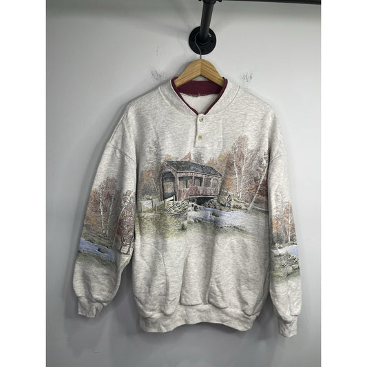 Adult VTG Art Unlimited Sweatshirt Fishing In The River Nature Grey 90s Sz XL